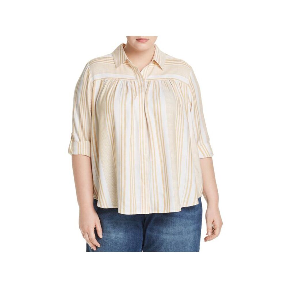 CUPIO BLUSH Womens Ivory Curved Hem Roll-tab Sleeve Button Up Top Plus 3X